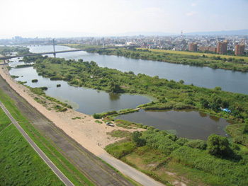 淀川本流と城北ワンド（左側の池状の部分）